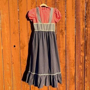 Vintage 70s Red Blue Gingham Country Western Cottage Prairie Dress Puff Sleeve